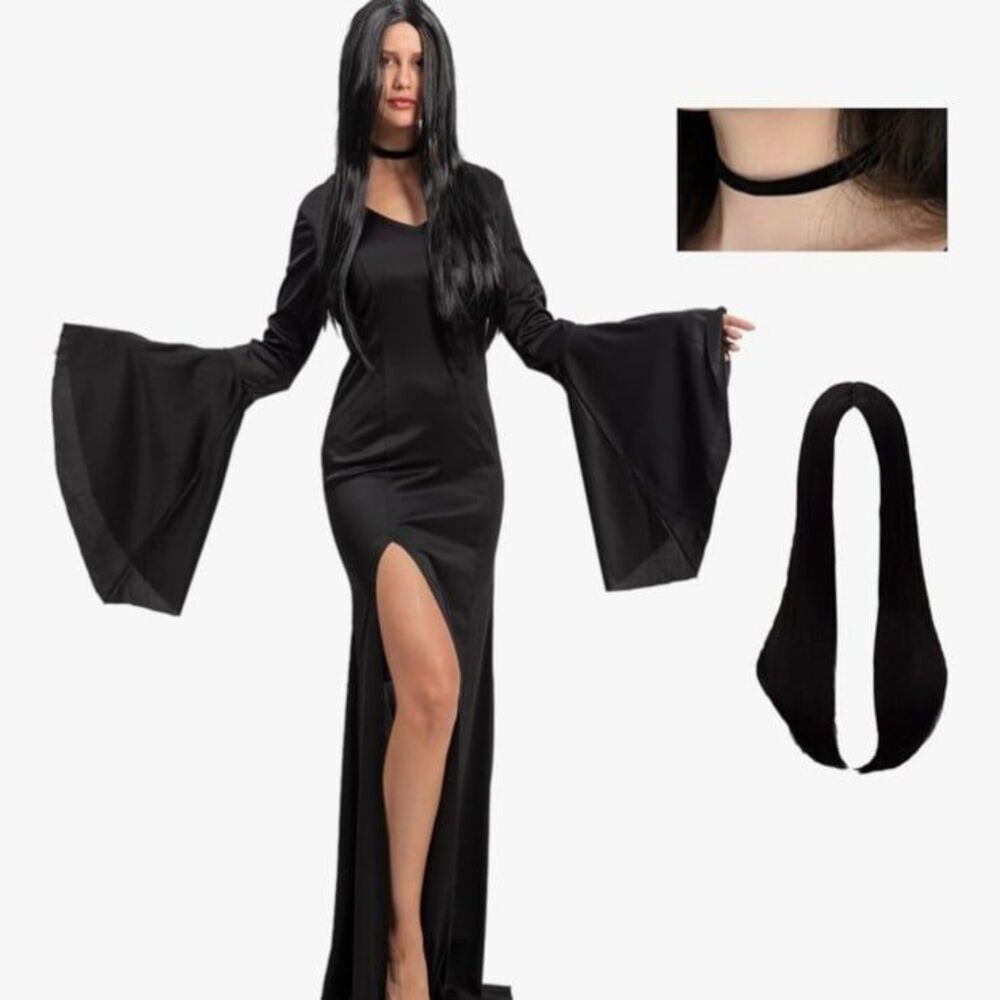 Women's Vintage Gothic‎ Long Black Dress With Choker & Wig cosplay costume